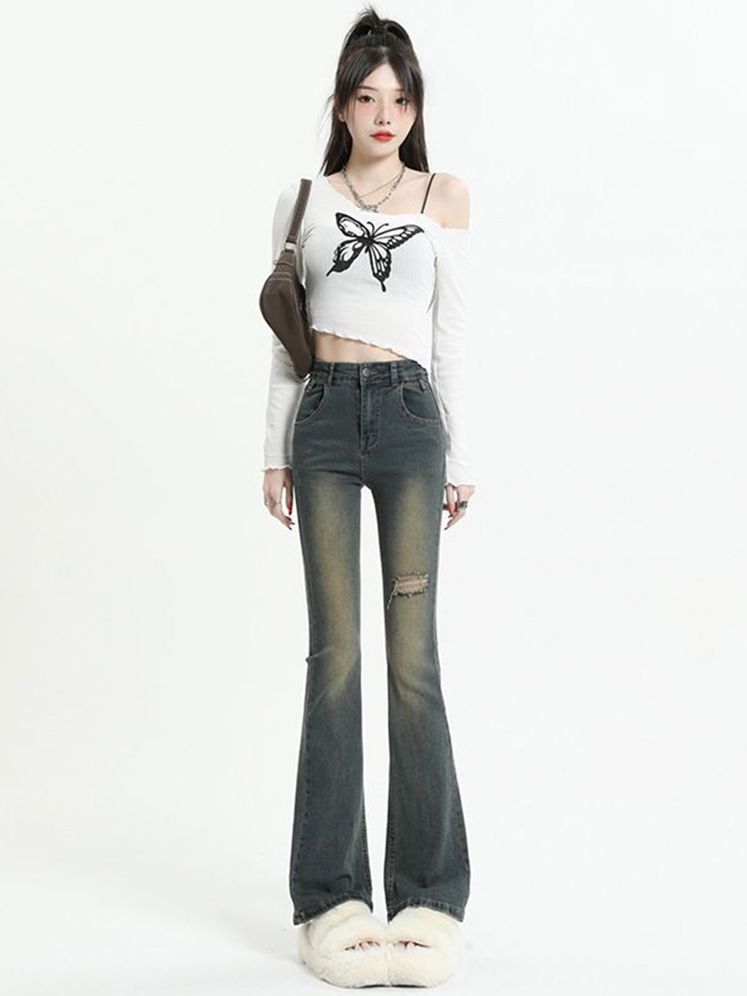 

StyleCast Women Bootcut High-Rise Mildly Distressed Light Fade Jeans, Grey