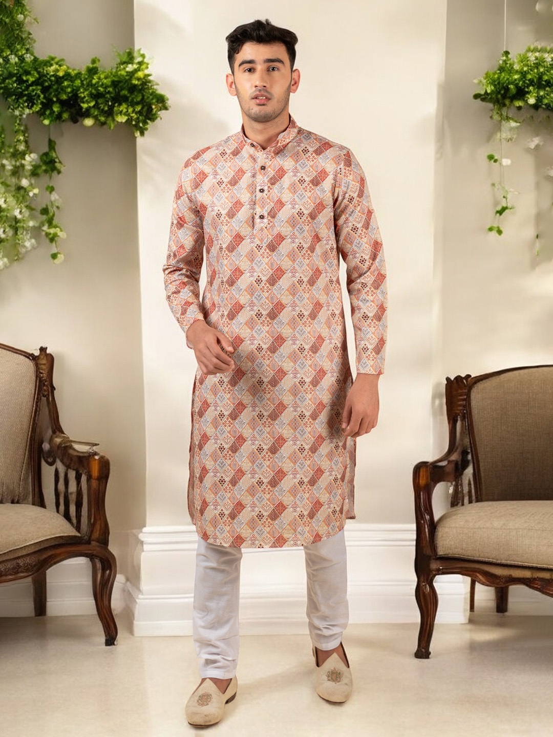 

TATTVA Ethnic Motif Printed Regular Pure Cotton Kurta with Pyjamas, Beige