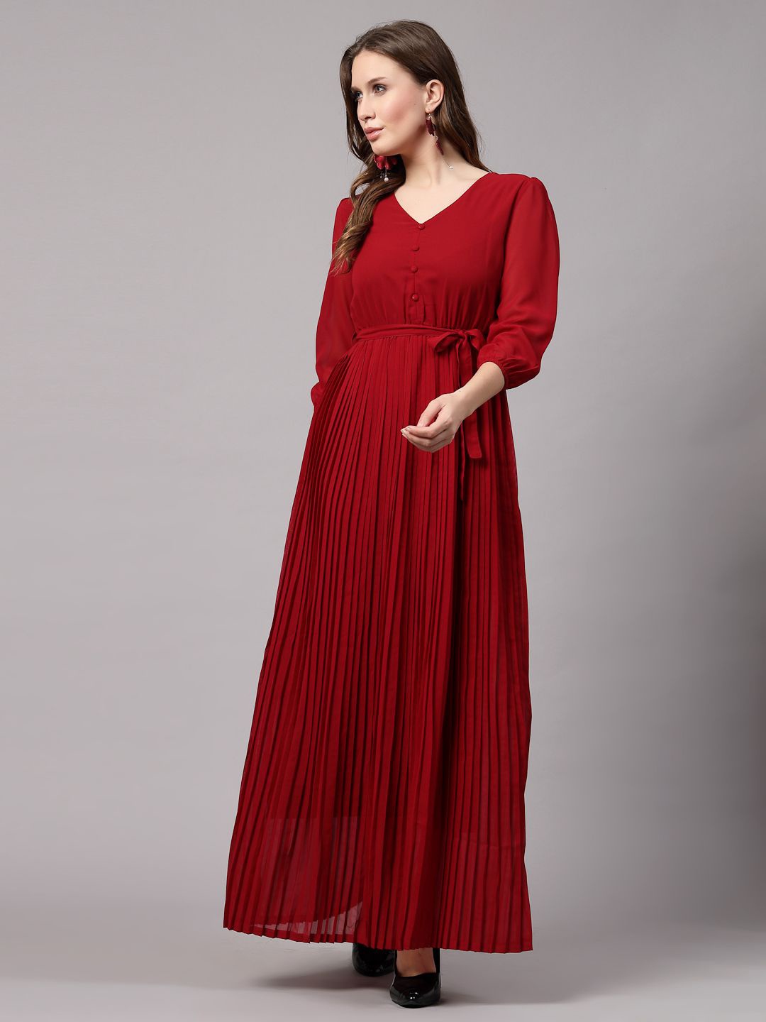 

aayu Puff Sleeve Georgette Fit & Flare Maxi Dress, Maroon