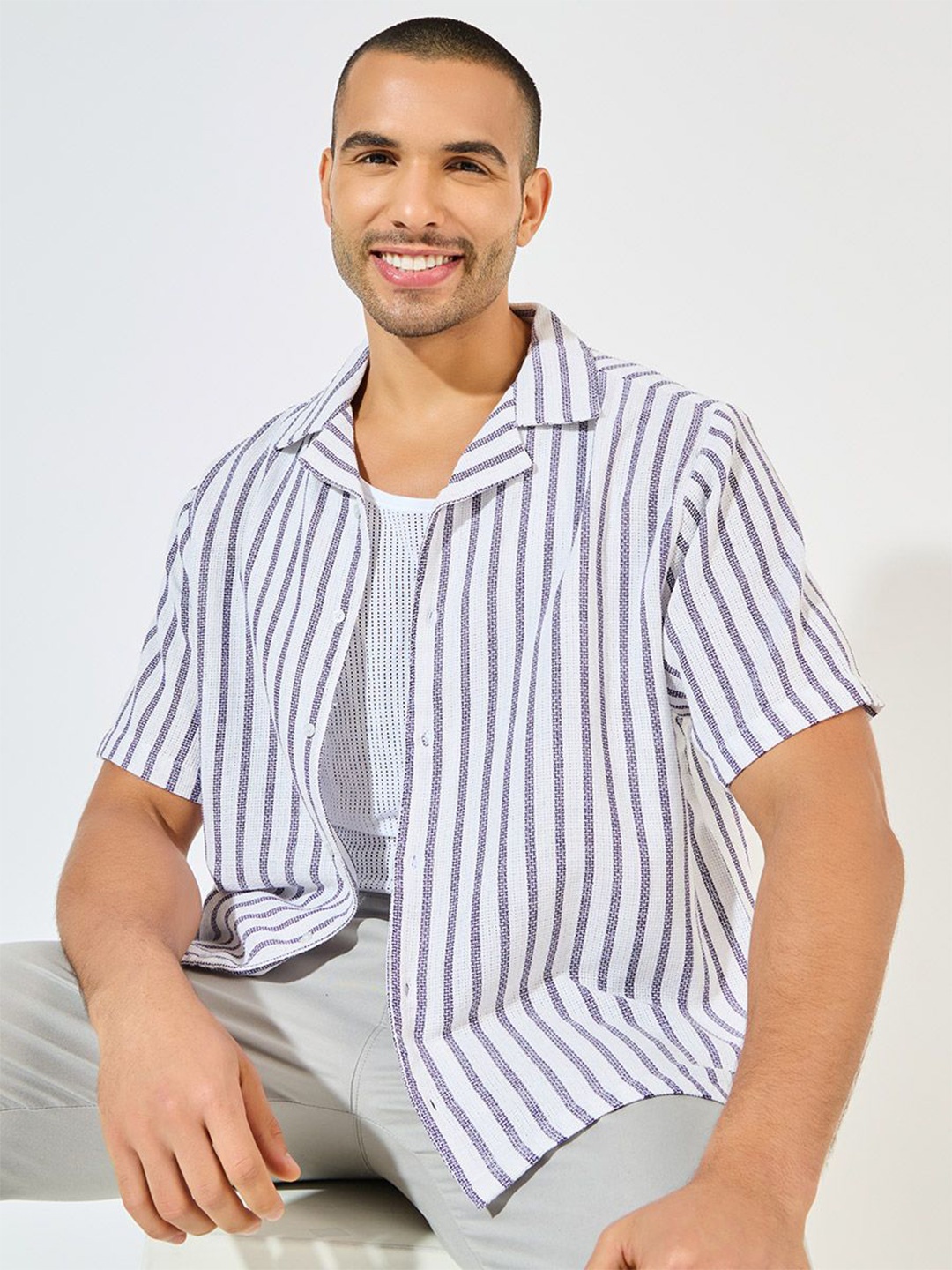 

Styli Men Yarn Dyed Stripe Resort Collar Relaxed Fit Shirt, Multi