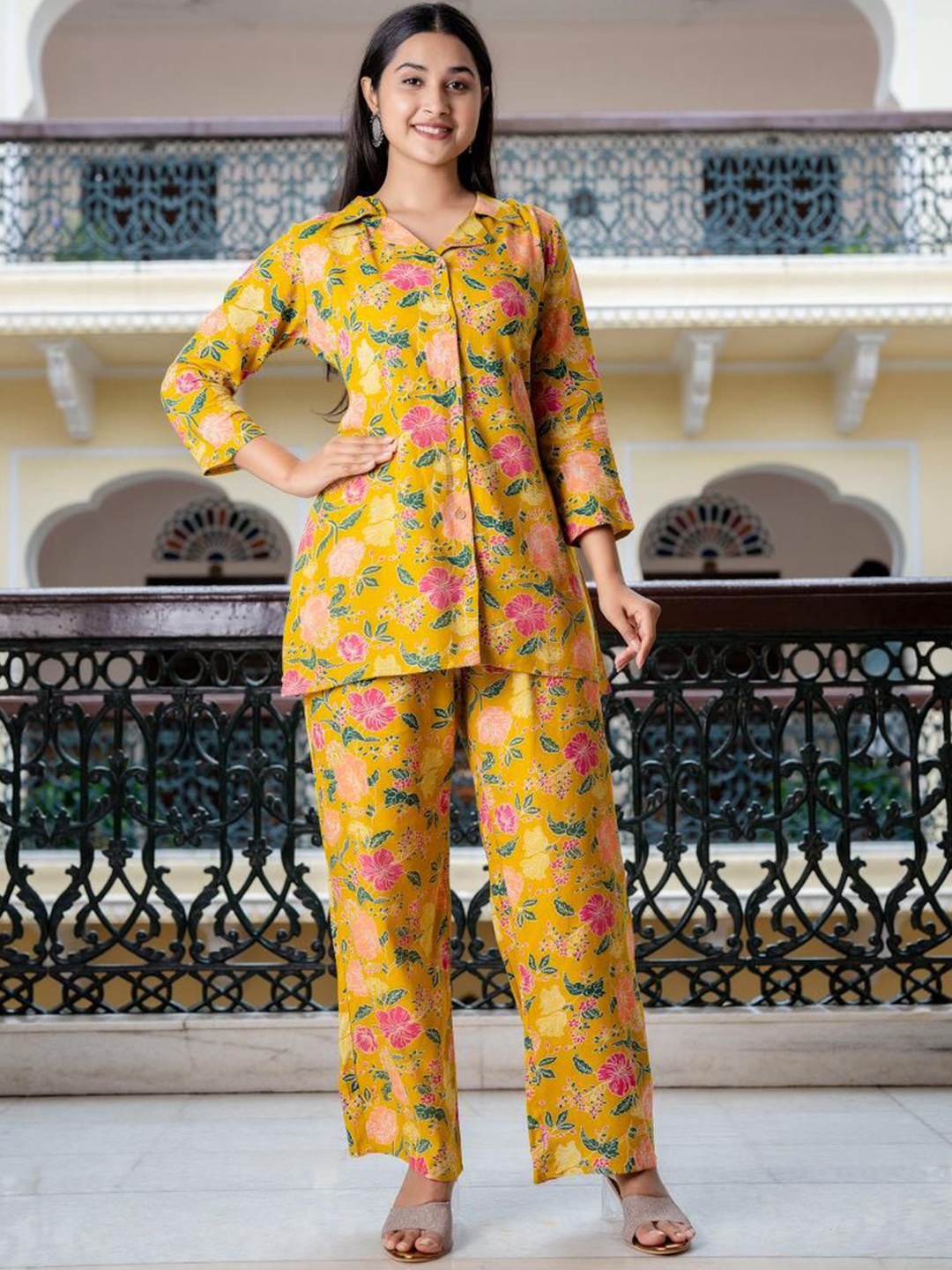 

Jasoriya Printed Pure Cotton Shirt With Trousers Co-Ords, Mustard