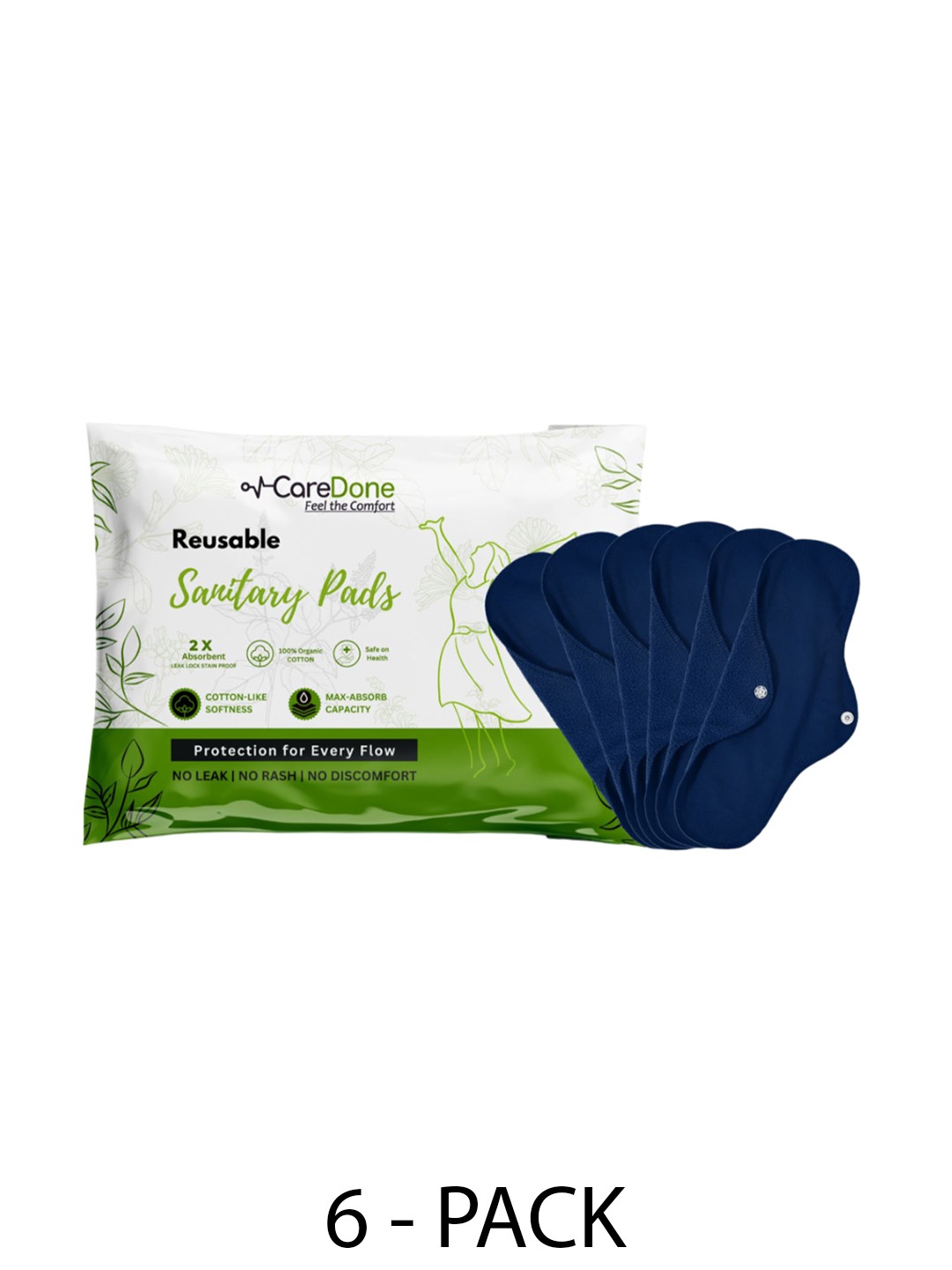 

CareDone Set Of 6 Reusable 100% Organic Cotton Sanitary Cloth Pads - XL, Navy blue