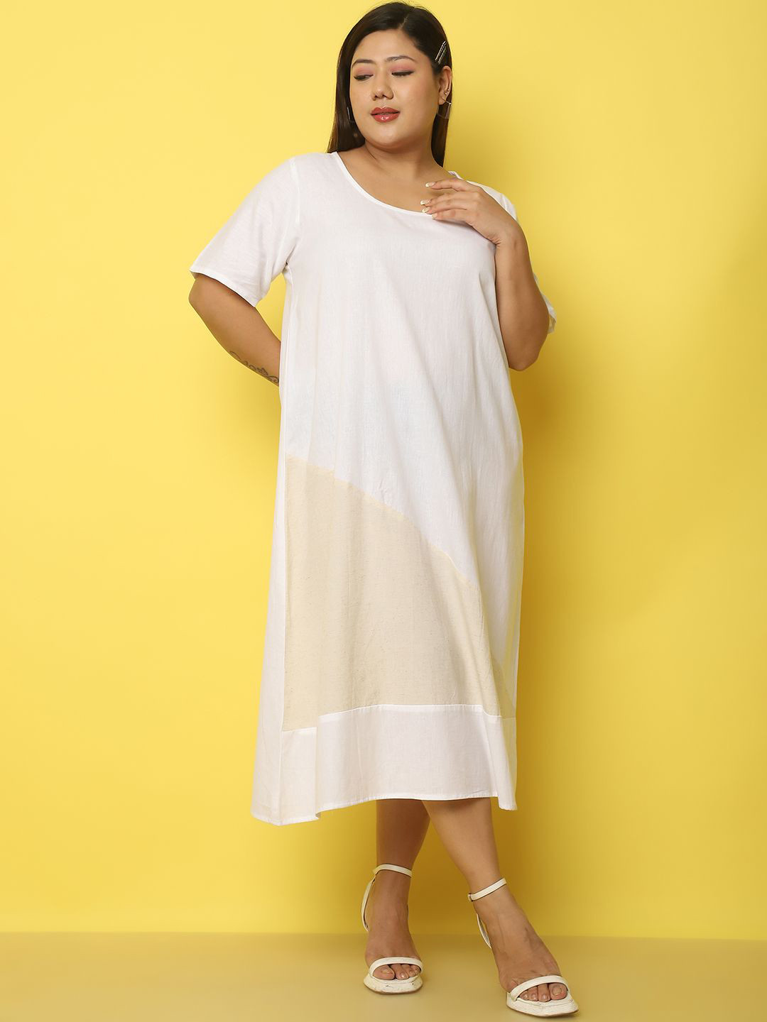 

theRebelinme Colourblocked Linen A-Line Midi Dress, White