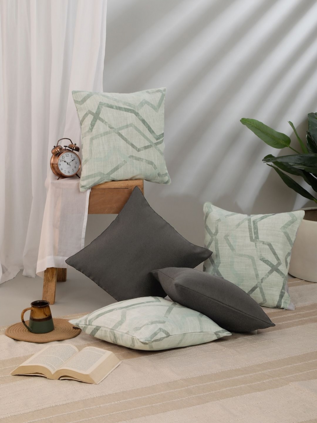 

ROSARA HOME Grey & Green 5 Pieces Abstract Printed Cushion Covers