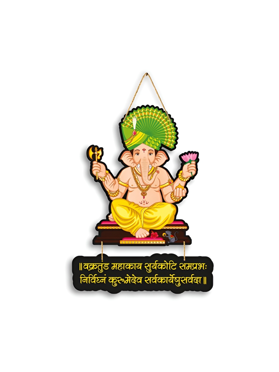 

CLAWCRAFTS Cream Colored & Green Ganesha Printed Wooden Wall Art