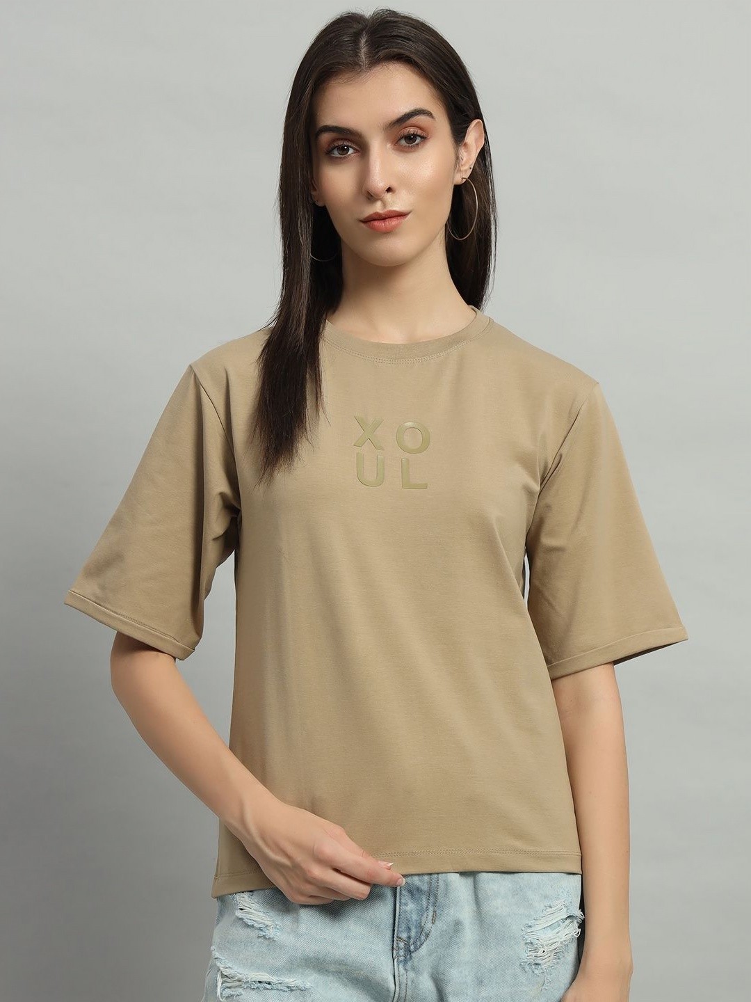 

AECK Women Typography Printed Round Neck Cotton T-Shirt, Tan