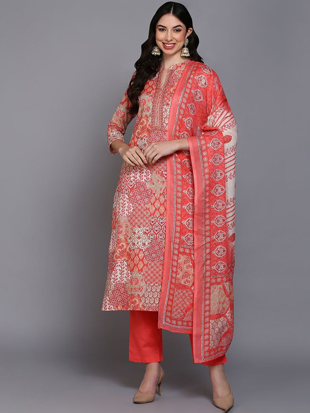 

KALINI Ethnic Motifs Printed Thread Work Pure Cotton Kurta with Trousers & Dupatta, Peach