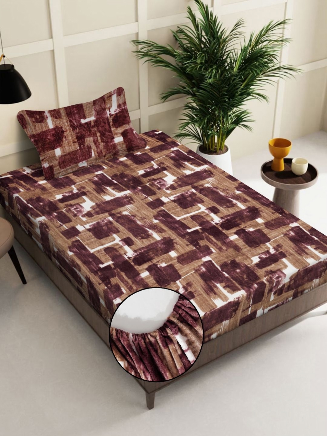

KLOTTHE Rust & White Printed 300 TC Woolen Fitted Single Bed Sheet with Pillow Cover