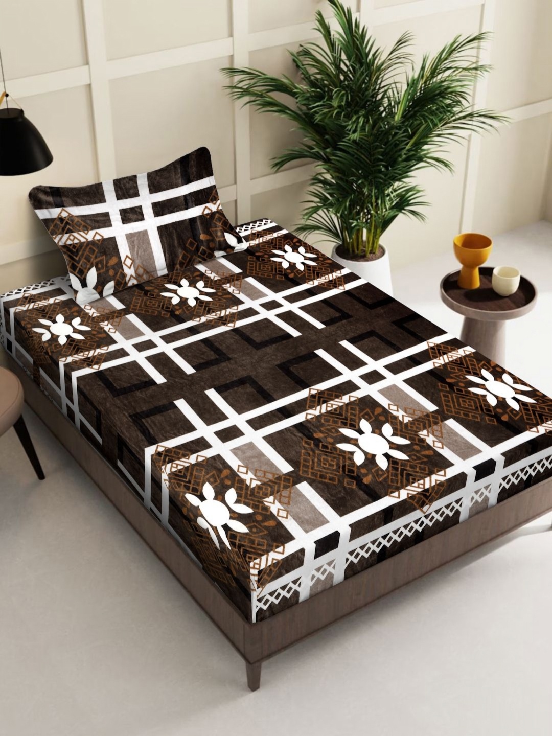 

KLOTTHE Brown & White Floral 300 TC Woolen Single Bed Sheet with Pillow Cover