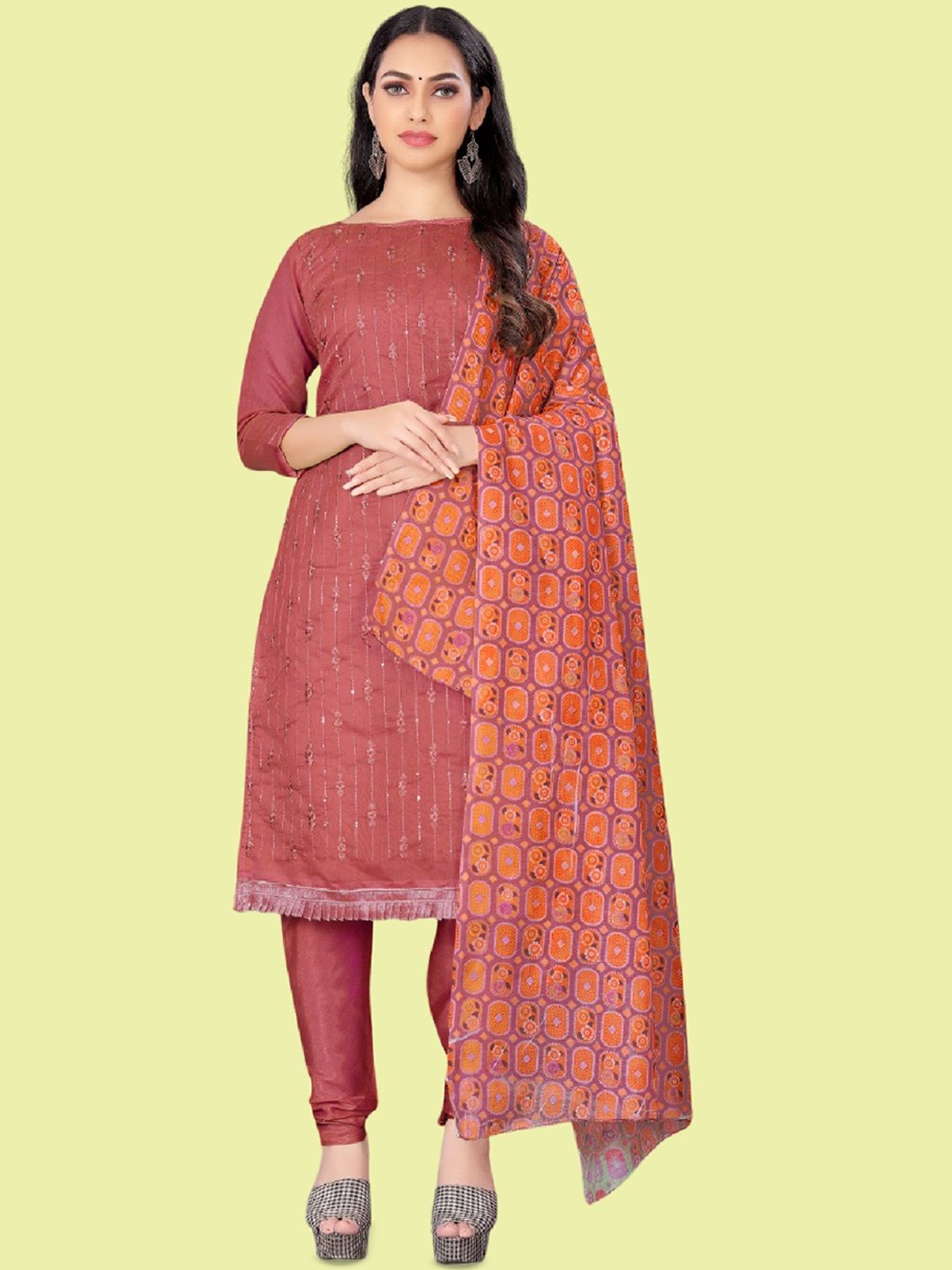 

APNISHA Thread Work Unstitched Dress Material, Peach