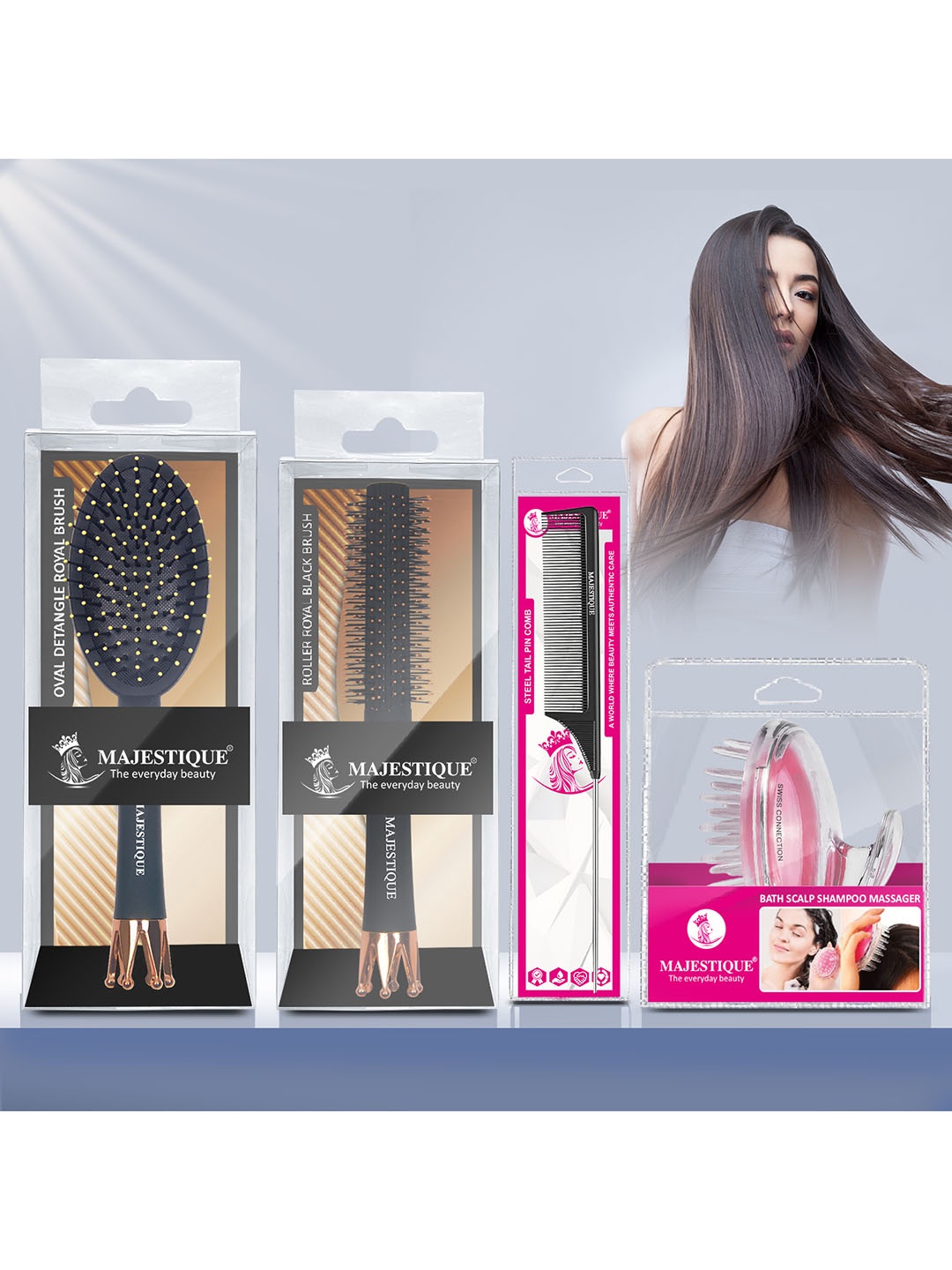 

MAJESTIQUE Set of 4 Hair Brush Set, Black