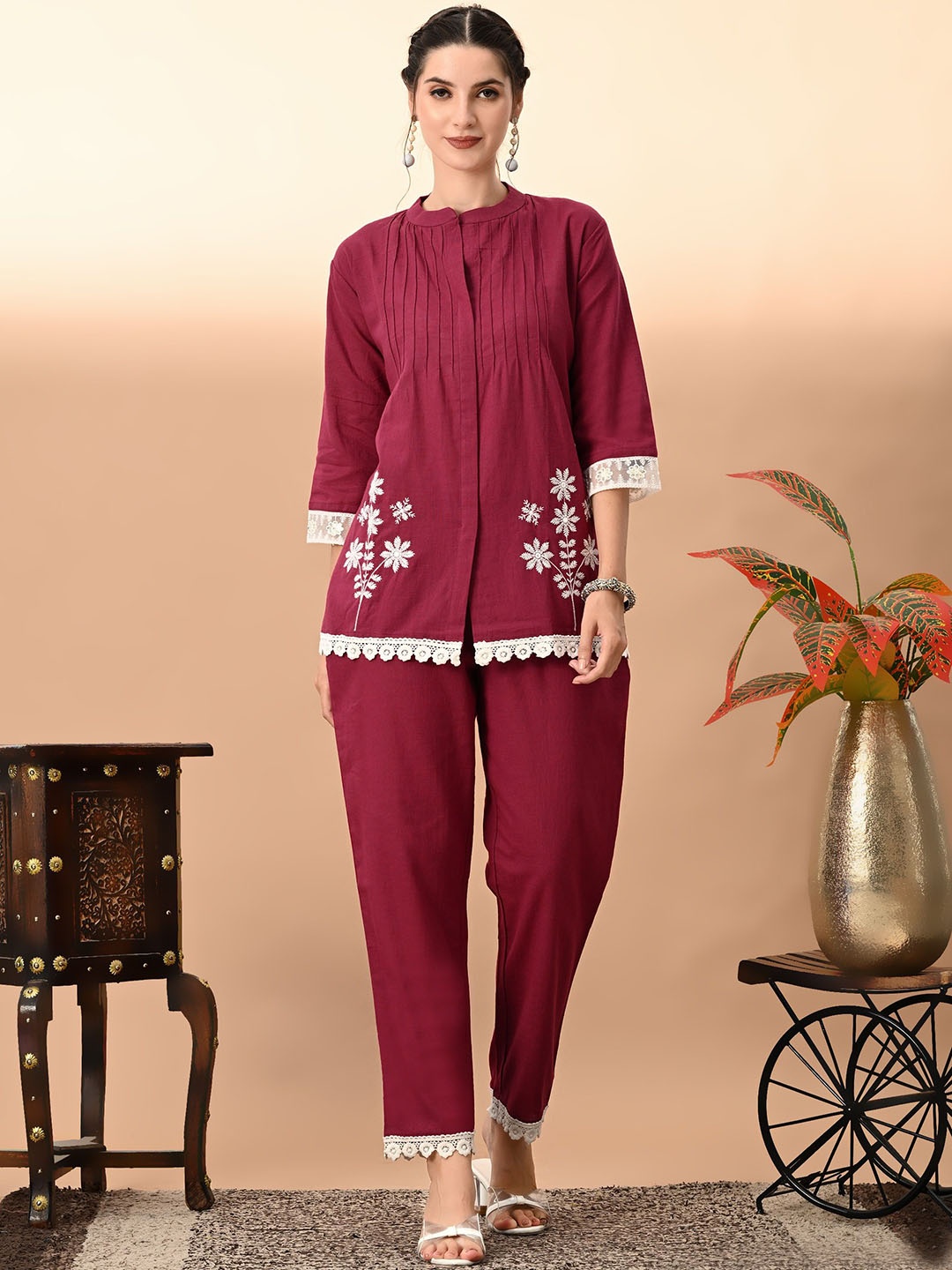 

DHROOV TARA Embroidered Pure Cotton Top With Trousers Co-Ords, Maroon