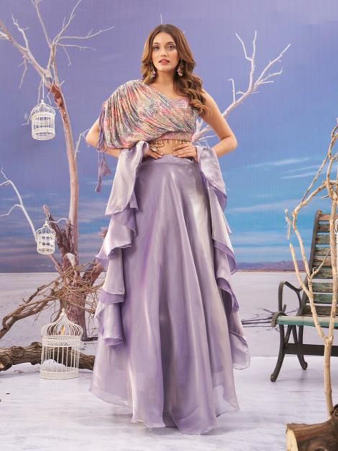 

LUGAI Beads & Stones Ready to Wear Lehenga & Blouse With Dupatta, Purple