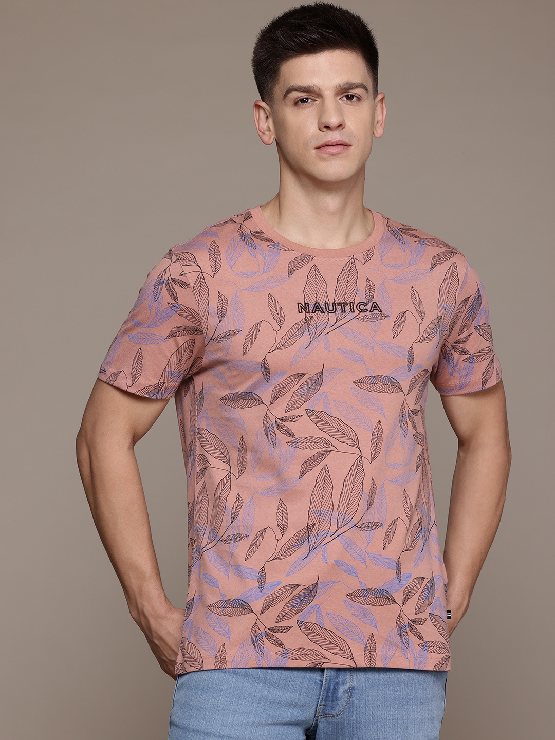 

Nautica Men Tropical Printed Pure Cotton T-shirt, Pink