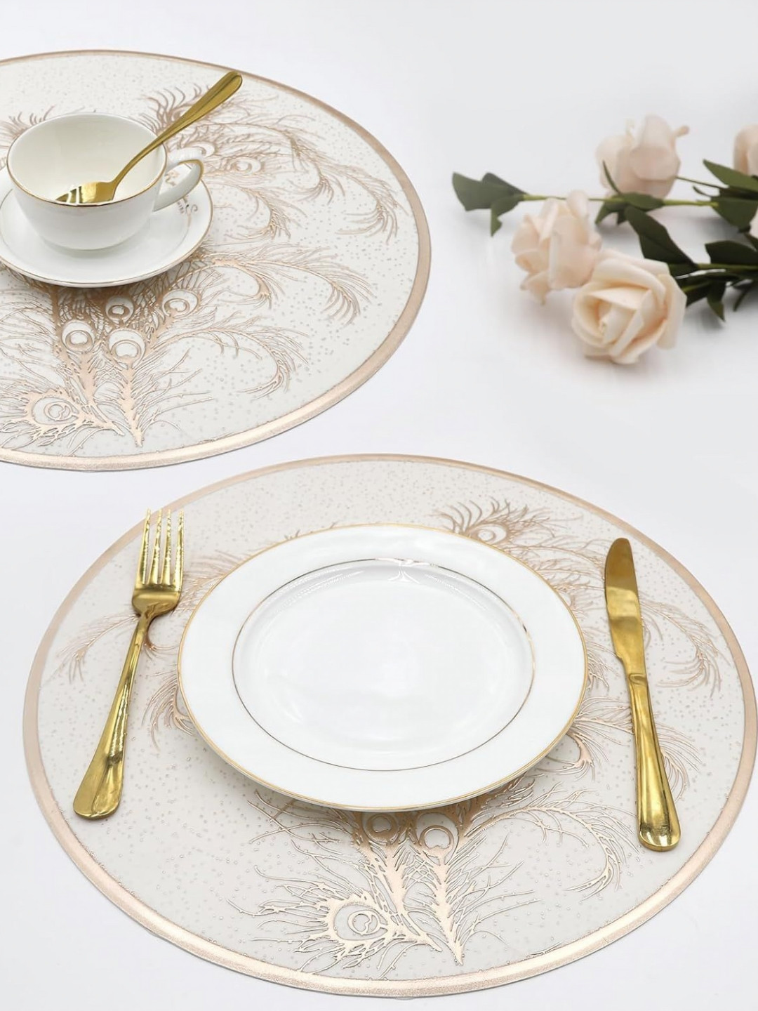 

Dakshya Industries 2 Pieces White & Gold-Toned Embellished Round Table Placemats