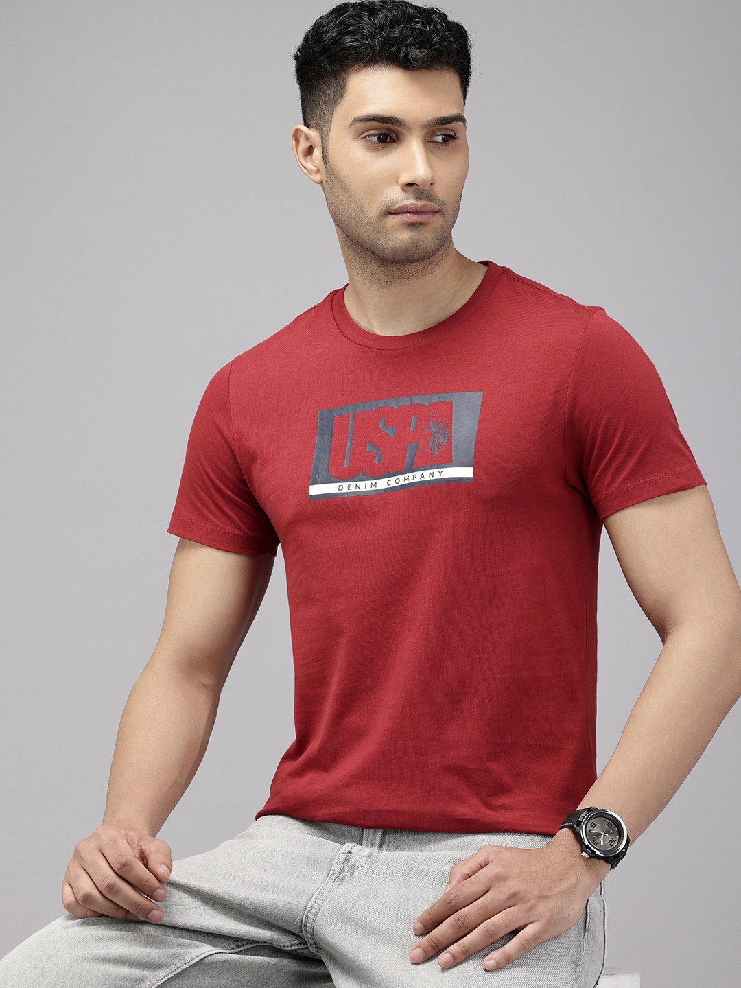 

U.S. Polo Assn. Denim Co. Brand Logo Printed Pure Cotton Slim Fit T-shirt, Maroon