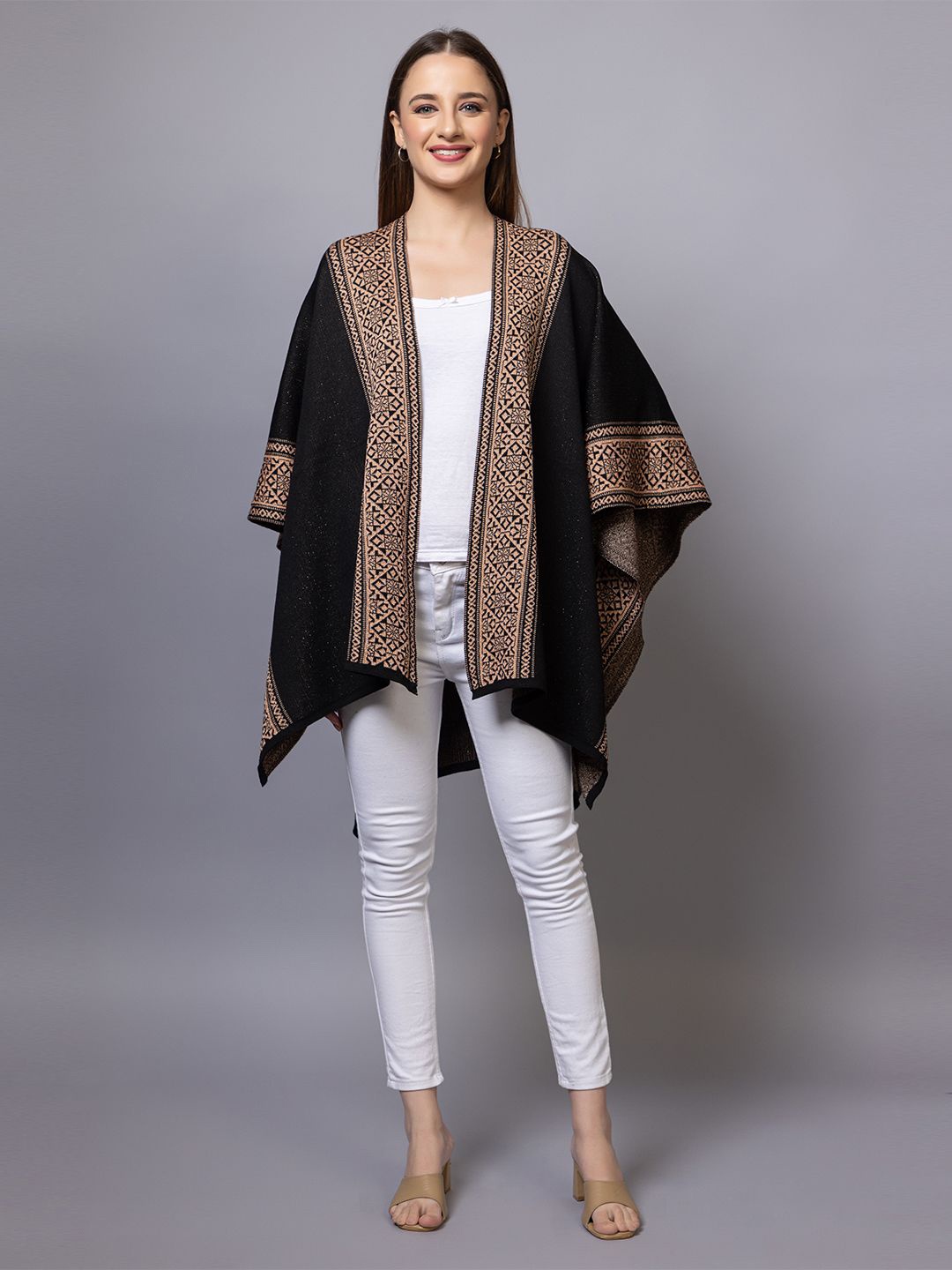 

Anouk Black Geometric Printed Winter Open Front Shrug