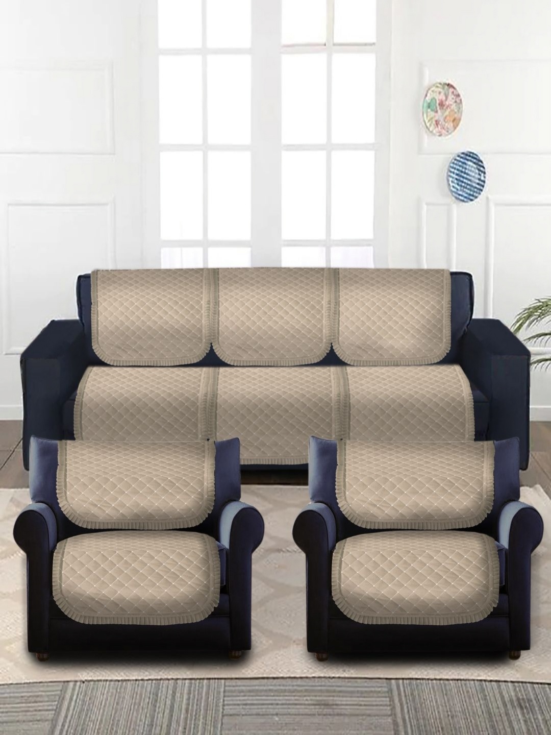 

MULTITEX Beige 10 Pieces Checked Quilted Velvet Sofa Cover