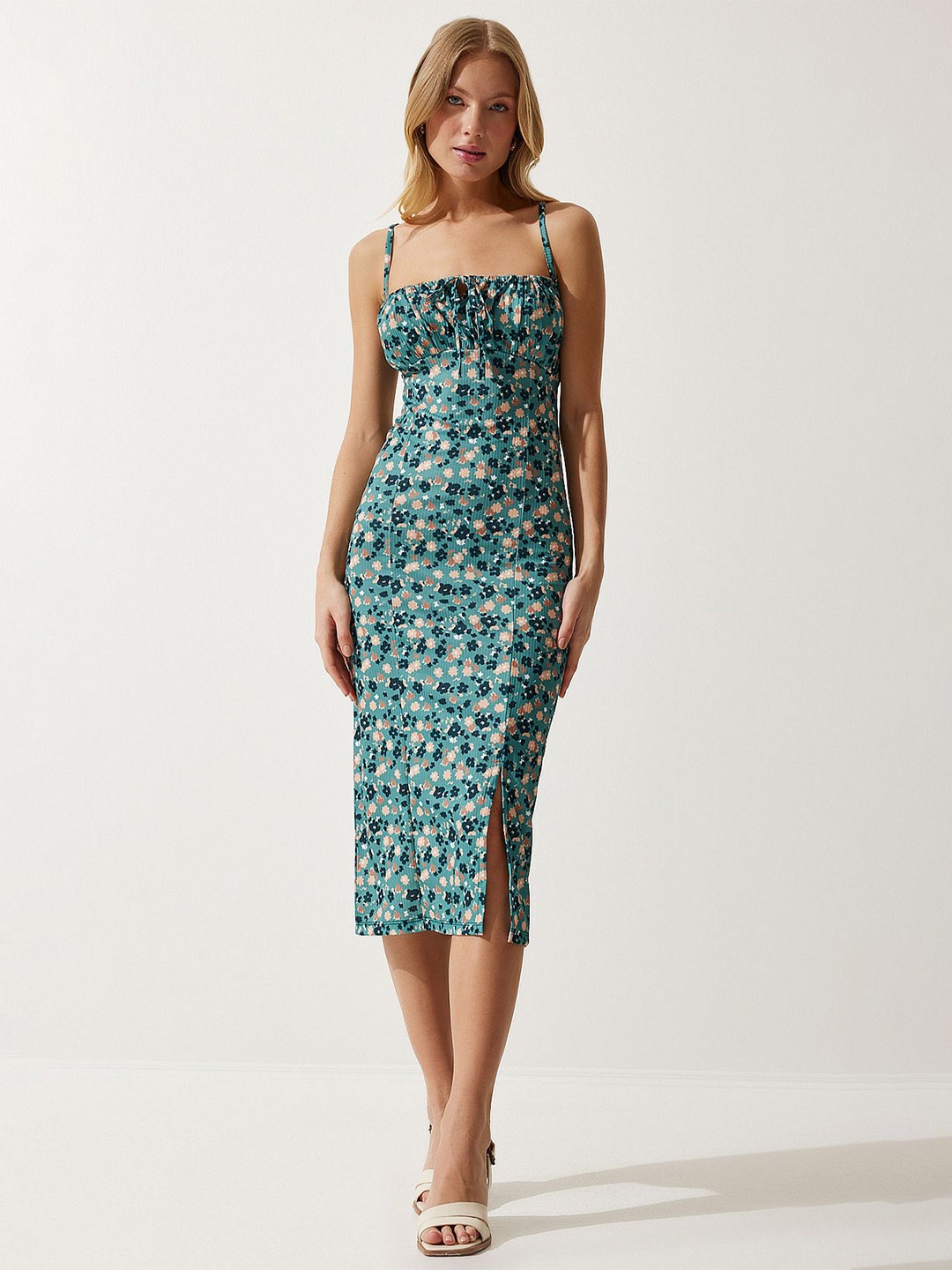 

Happiness istanbul Floral Printed Sheath Sleeveless Midi Dress, Na