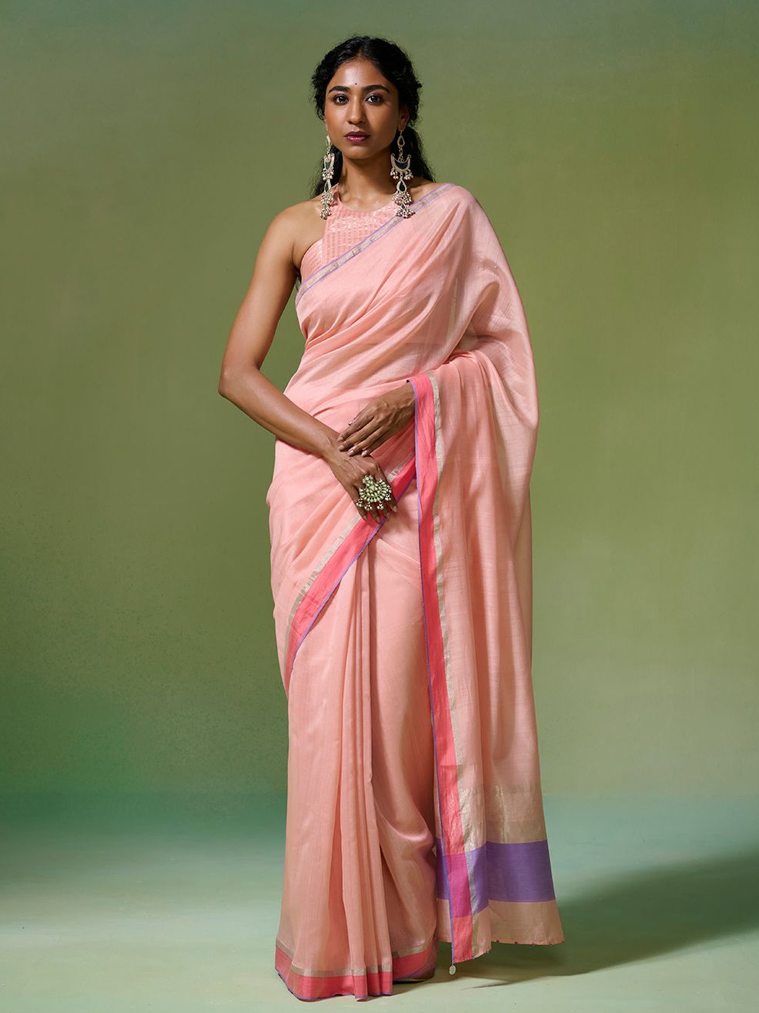 

Dressfolk Solid Chanderi Saree with Blouse Piece, Peach