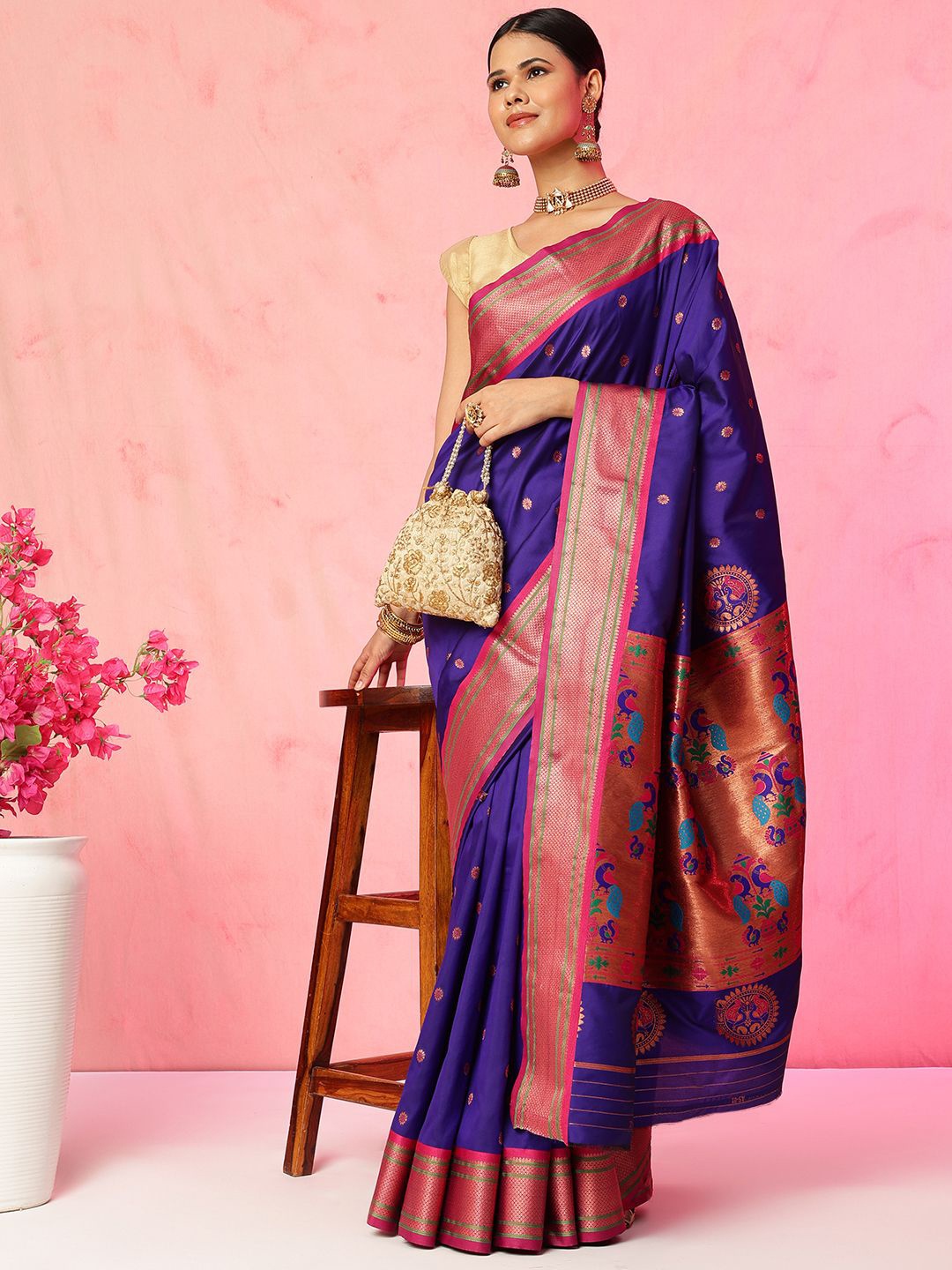 

JUST FASHION Woven Design Zari Paithani Saree, Purple