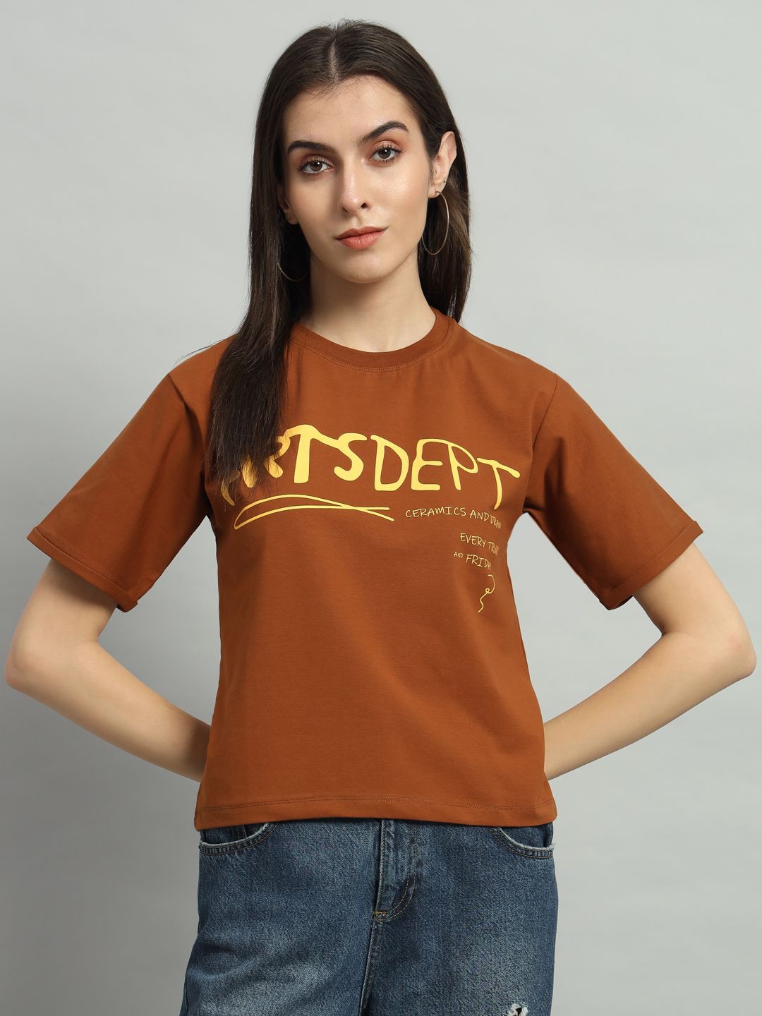 

AECK Women Typography Printed Round Neck Cotton T-Shirt, Tan