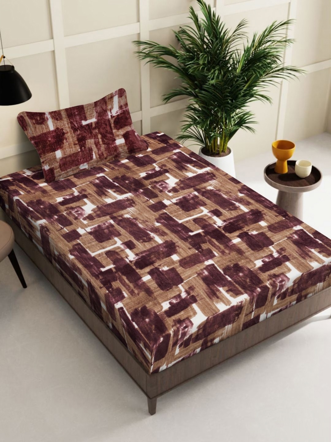 

KLOTTHE Brown & Maroon Geometric Printed 300TC Woolen Single Bed Sheet with Pillow Cover