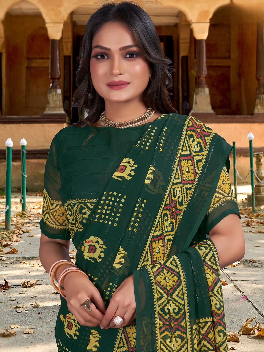 

Kalista Bandhani Pure Georgette Bandhani Saree, Green