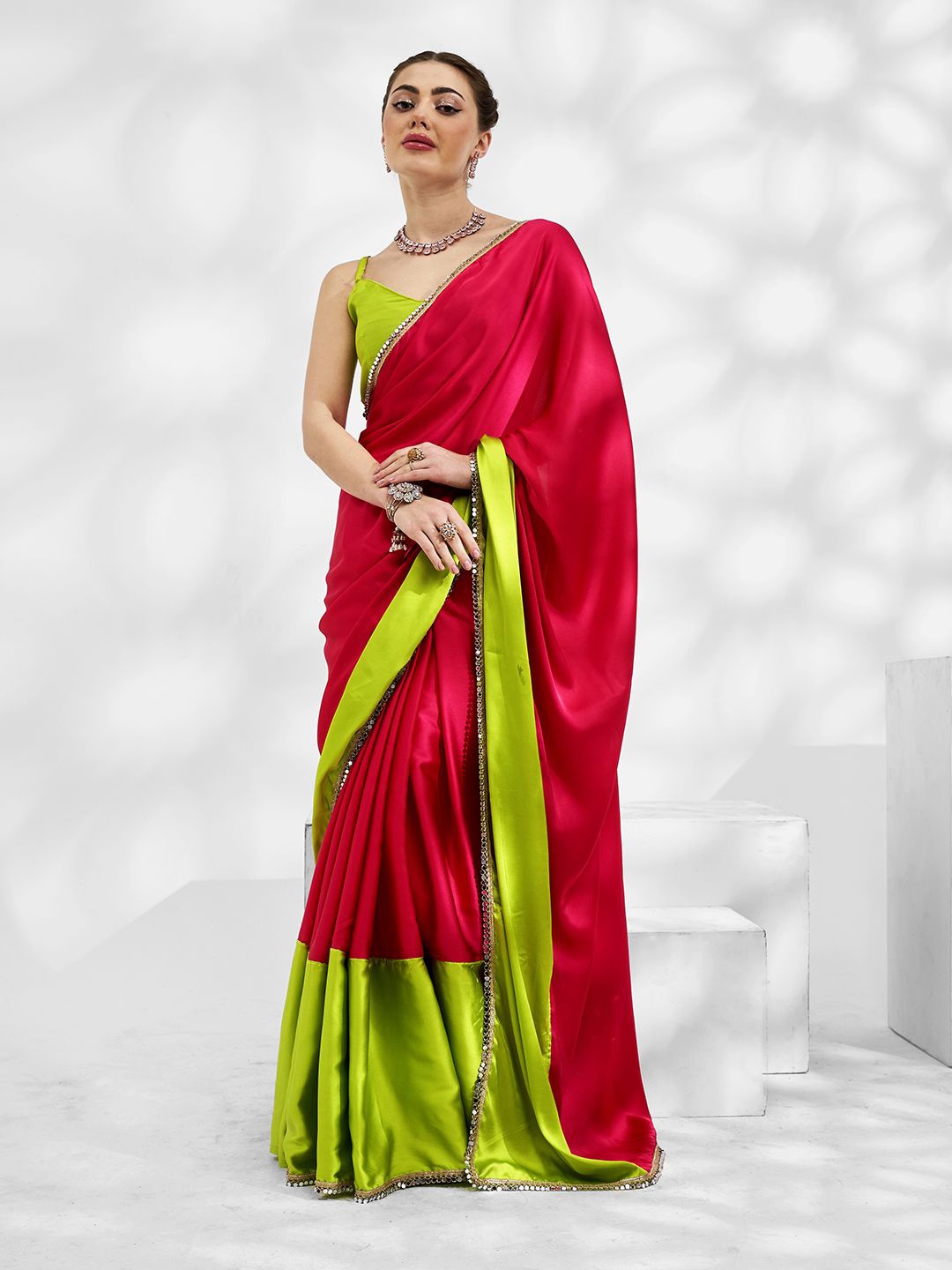 

Mitera Colourblocked Mirror Work Pure Chiffon Ready to Wear Saree, Pink