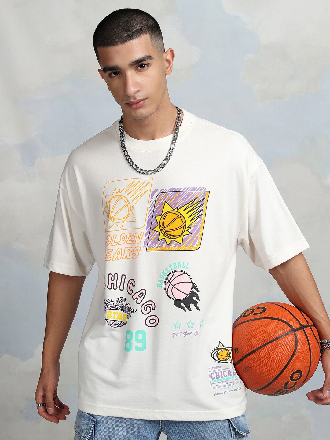 

HIGHLANDER Graphic Printed Cotton Oversized T-shirt, Off white