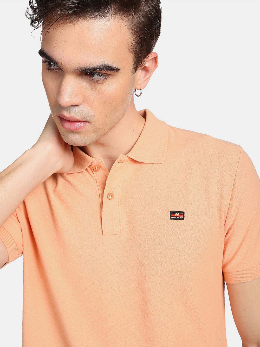 

Flying Machine Men Polo Collar Pure Cotton Slim Fit T-shirt, Peach