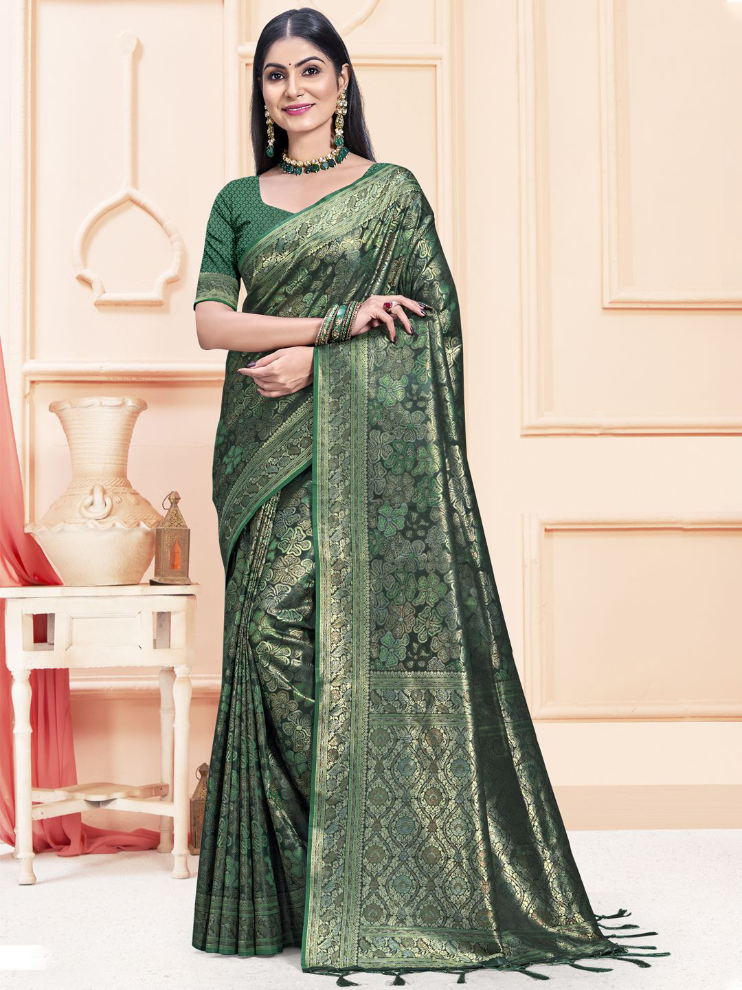 

Ishin Woven Design Satin Saree, Green