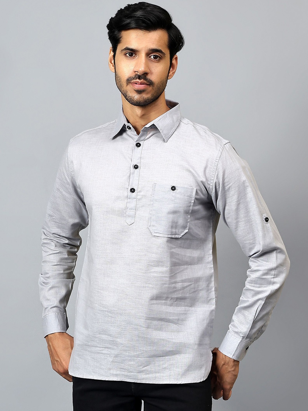 

Yugnik Spread Collar Roll-Up Sleeves Cotton Kurta, Grey