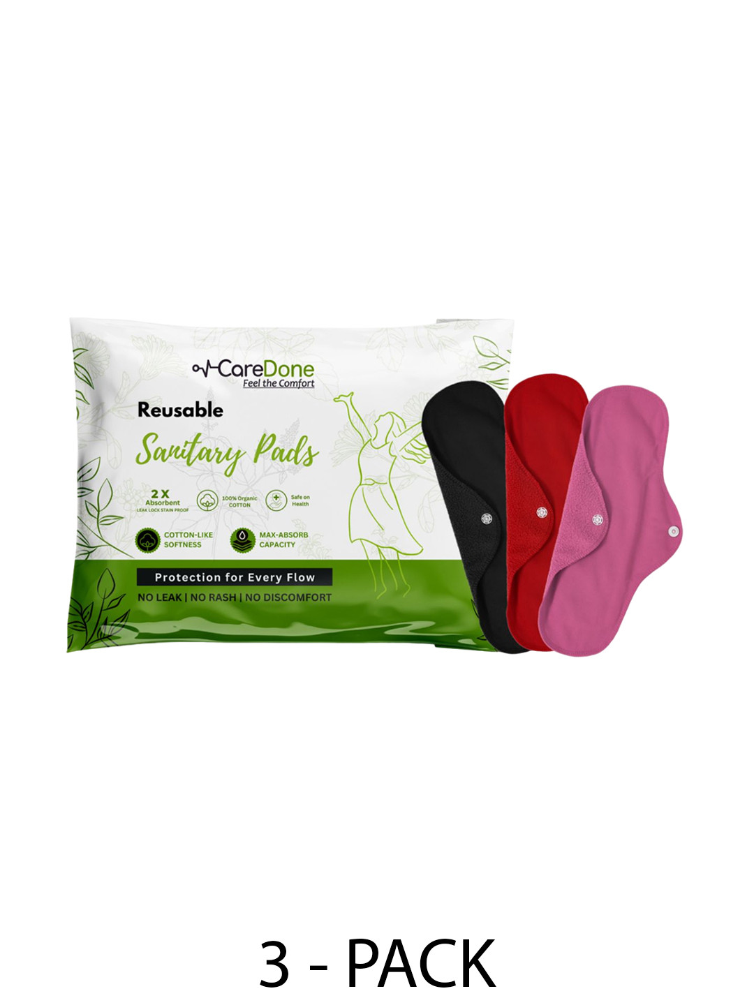 

CareDone Set Of 3 Reusable 100% Organic Cotton Sanitary Cloth Pads - XL, Red