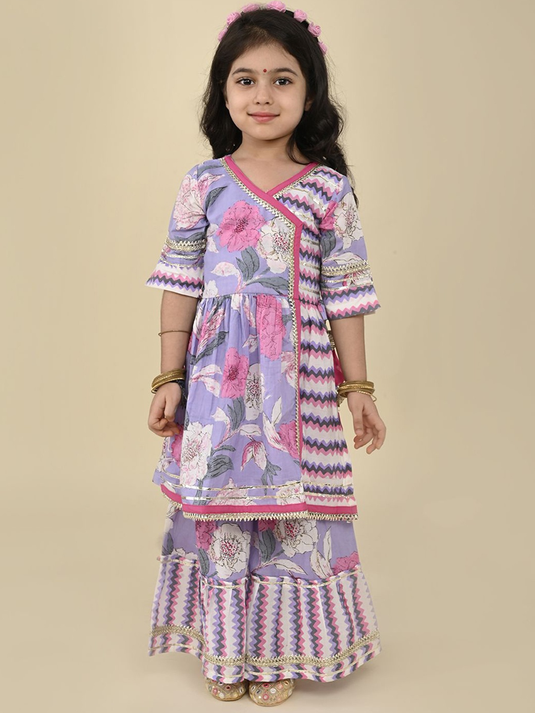 

LIL PITAARA Girls Printed Angrakha Gotta Patti Pure Cotton A-Line Kurti with Sharara, Purple