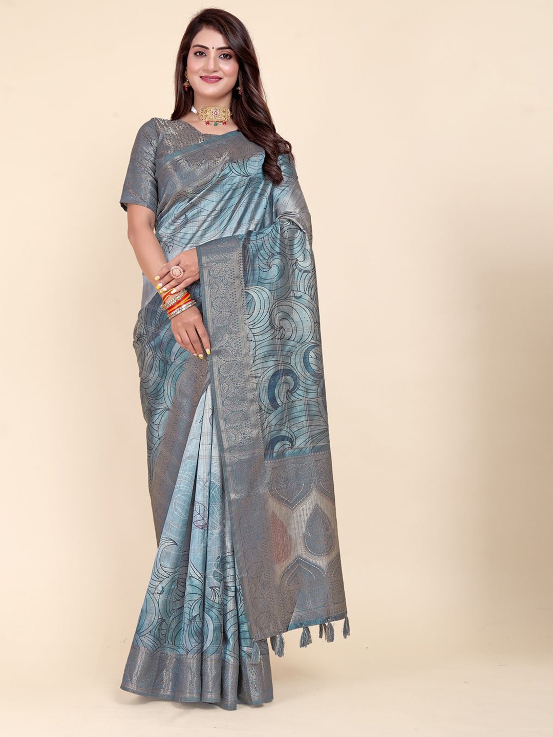 

ETHNIC TODAY Ethnic Motifs Printed Zari Saree, Blue