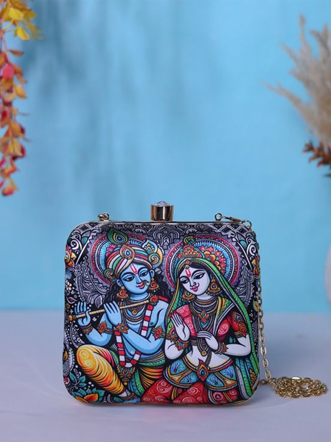 

Swisni Radha Krishna Printed Box Clutch, Blue
