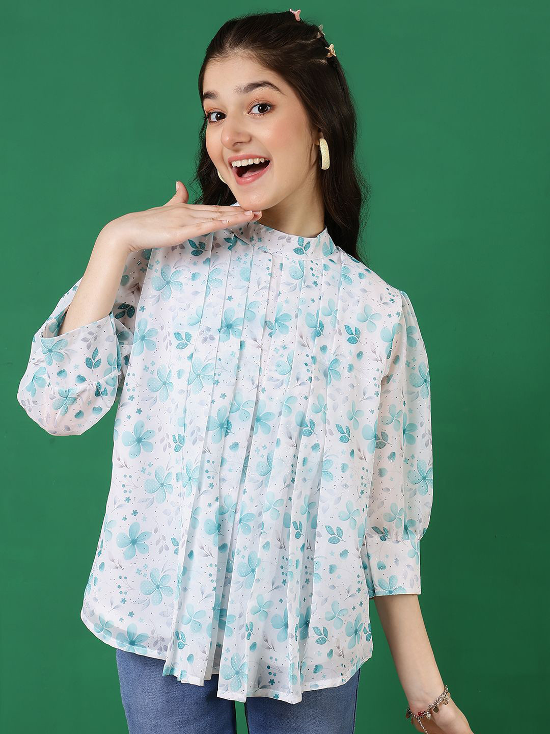 

BAESD Floral Print Mandarin Collar Top, Green