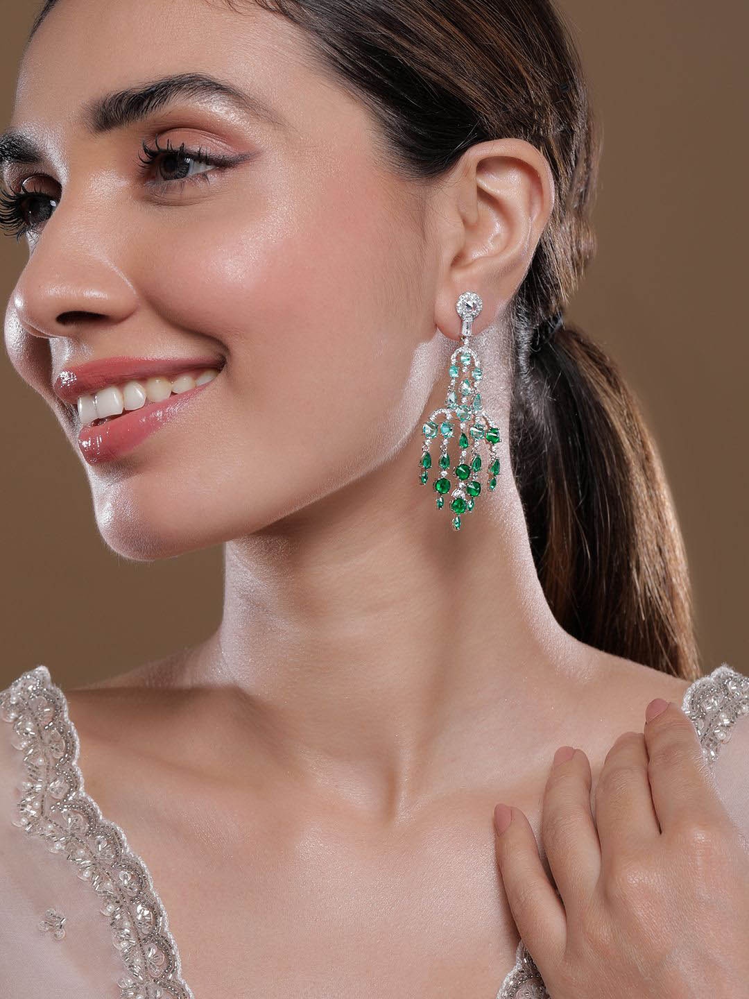 

Rubans Rhodium-Plated Emerald & Aqua Blue AD & Cubic Zirconia Studded Chandelier Earrings, Silver