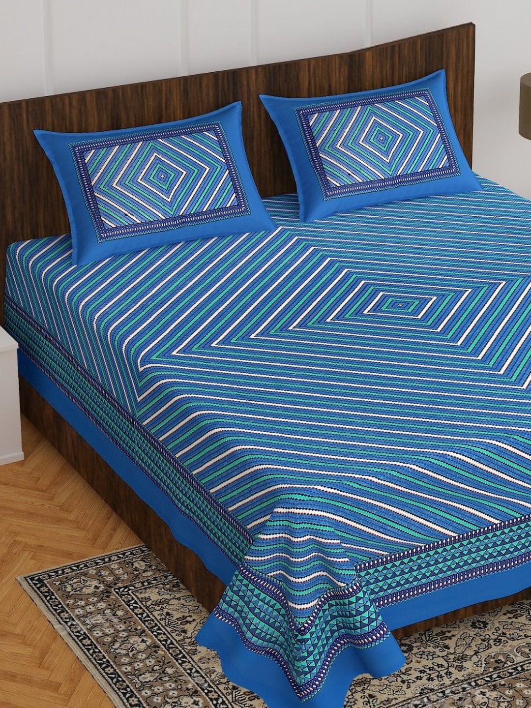 

AYAT COLLECTION Blue Geometric 144 TC Pure Cotton Queen Bedsheet With 2 Pillow Covers