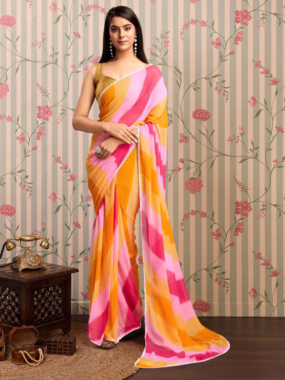 

Ode by House of Pataudi Striped Poly Georgette Ready to Wear Leheriya Saree, Yellow