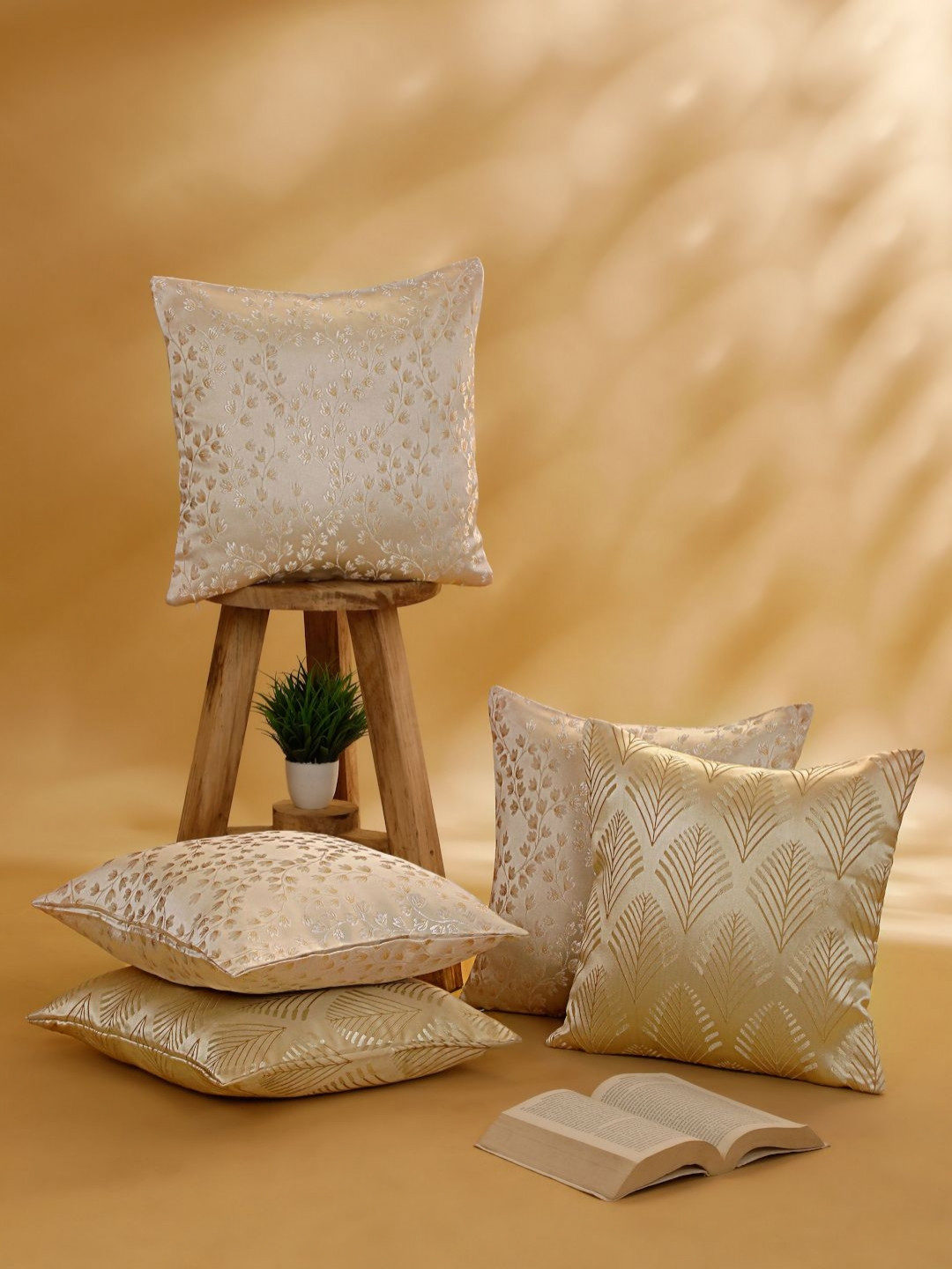 

ROSARA HOME Beige & White 5 Pieces Floral Square Cushion Covers