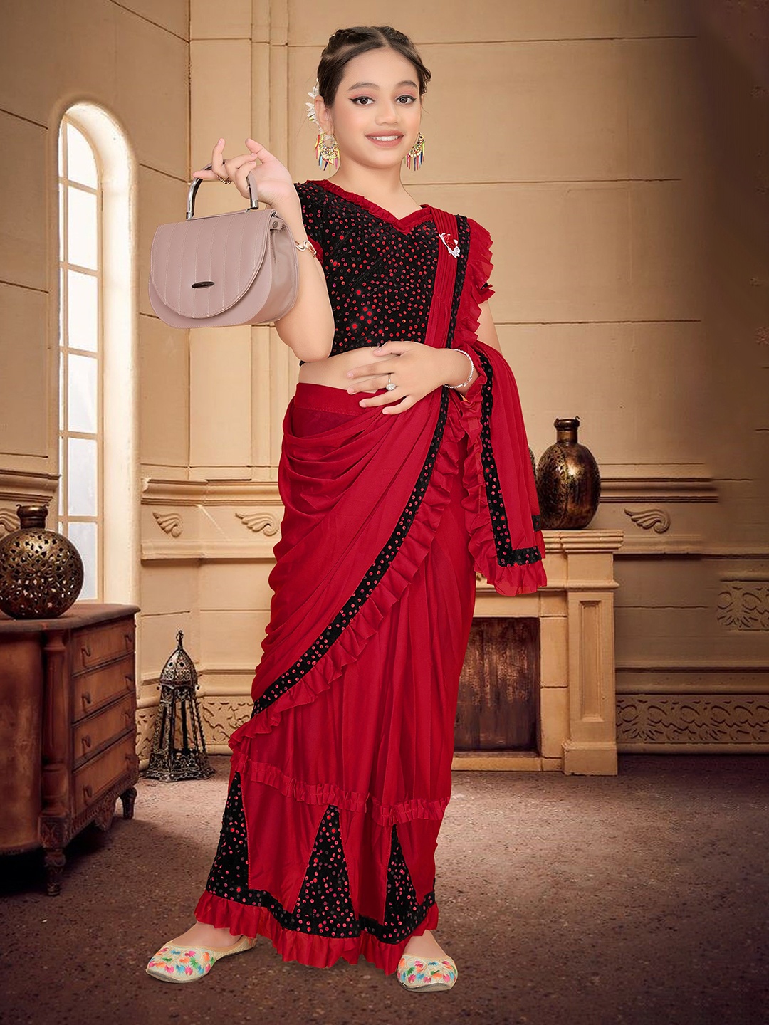 

HARPITA Sequinned Ready to Wear Saree, Red
