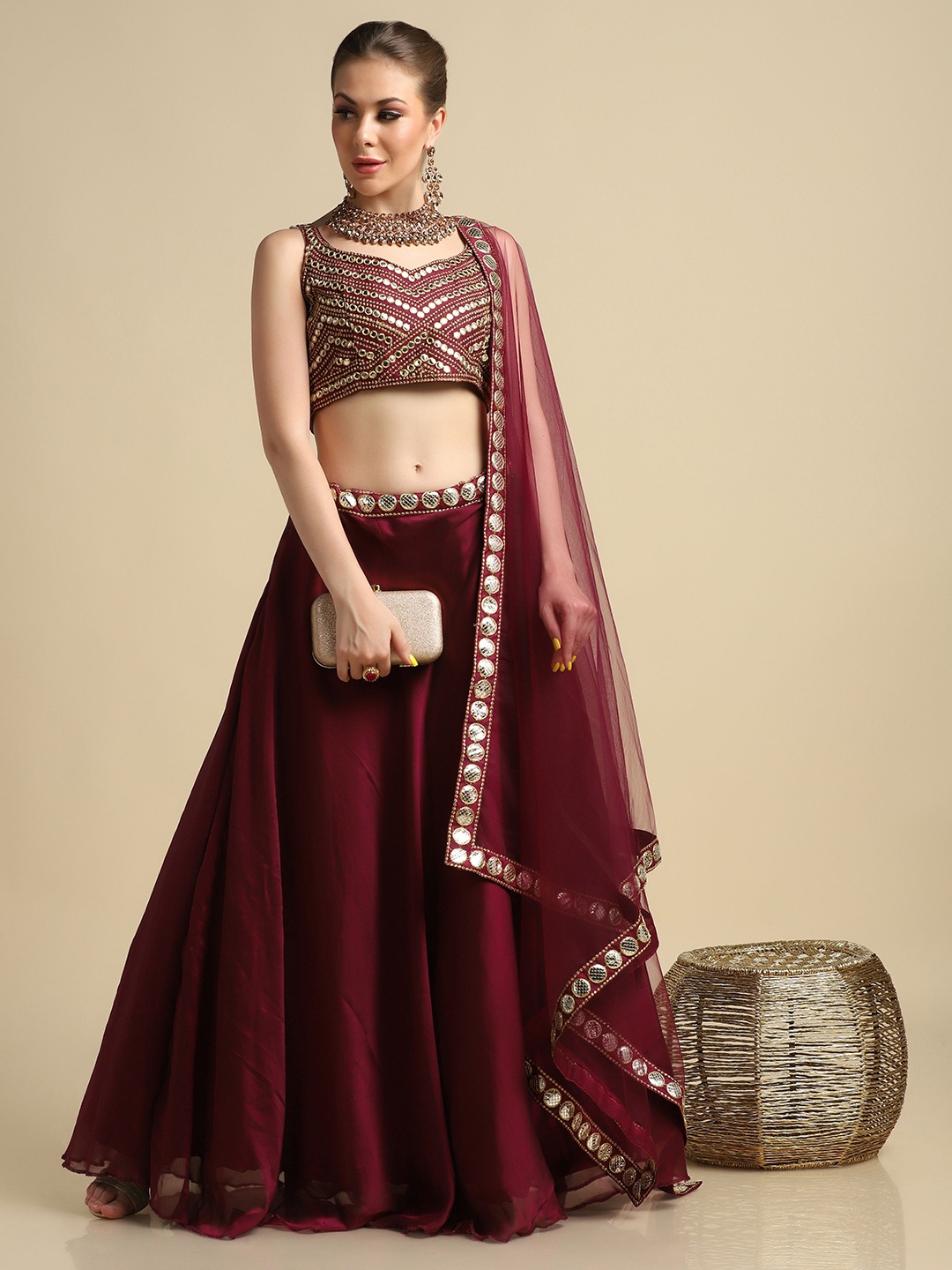 

Warthy Ent Mirror Work Silk Semi-Stitched Lehenga & Unstitched Blouse With Dupatta, Maroon
