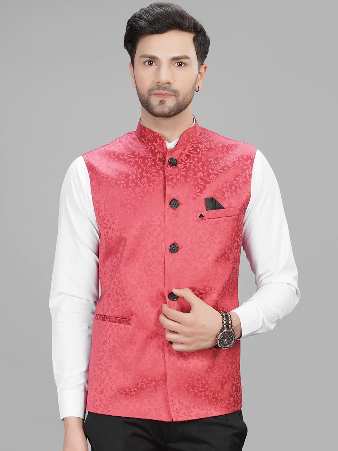

LA'SCOOT Woven Design Nehru Jacket, Maroon