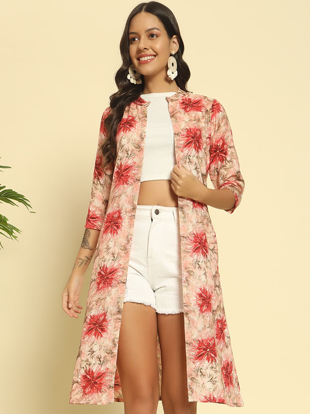 

ADDYVERO Floral Printed Open Front Longline Shrug, Pink