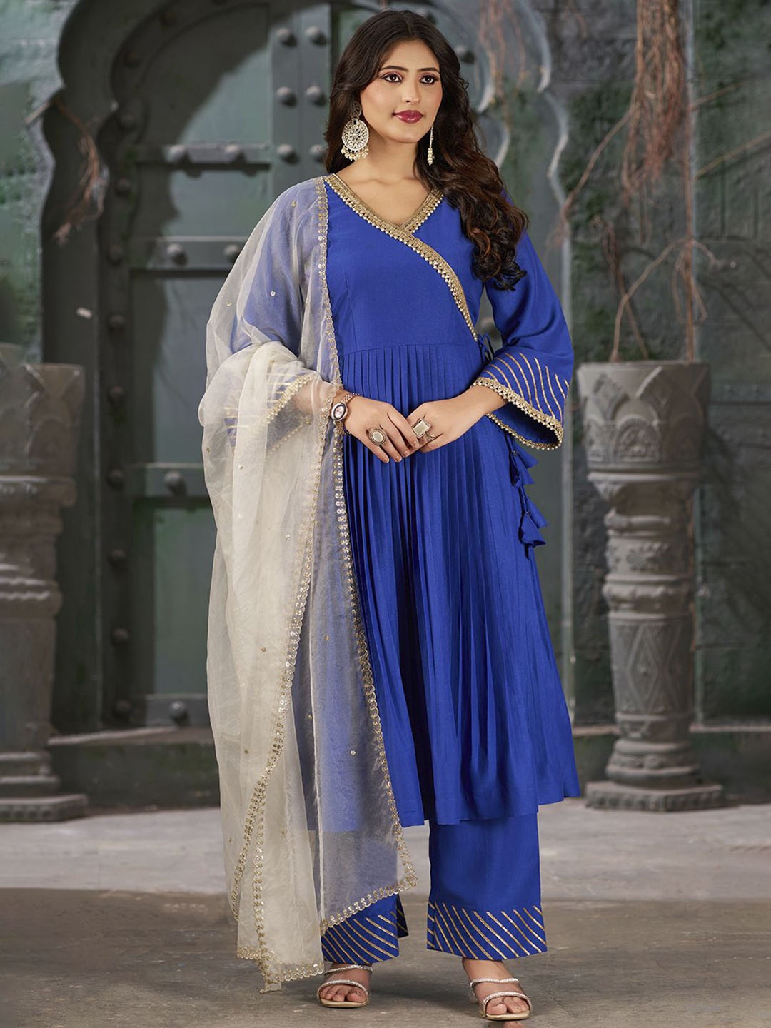 

Curvy Lane Women Embroidered Angrakha Kurta with Trousers & With Dupatta, Blue