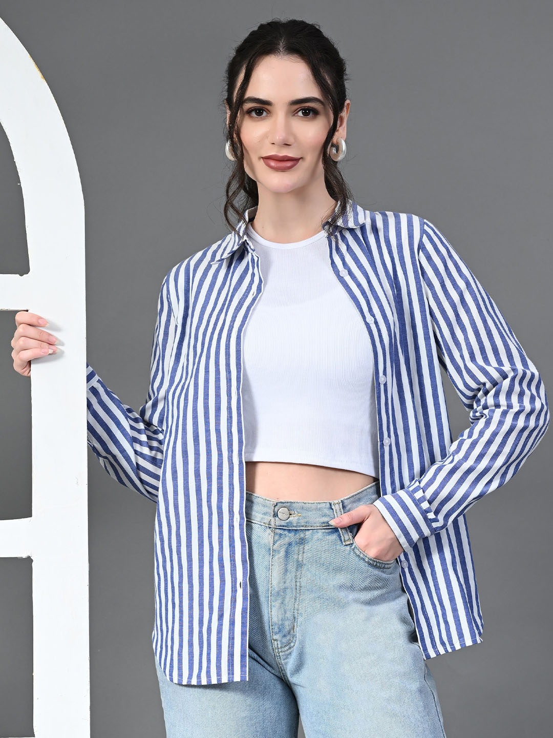 

HERE&NOW Women Standard Cutaway Collar Striped Cotton Formal Shirt, Blue