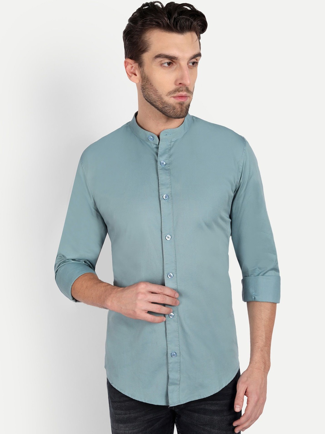 

MEGHZ Men Slim Fit Opaque Casual Shirt, Teal