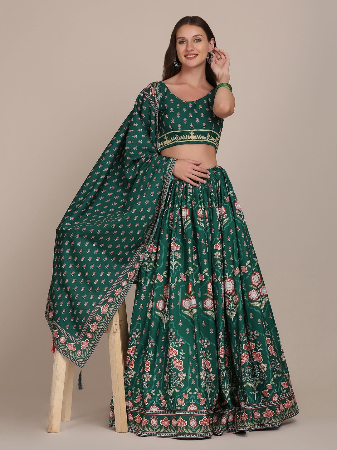 

Warthy Ent Printed Semi-Stitched Lehenga & Unstitched Blouse With Dupatta, Green